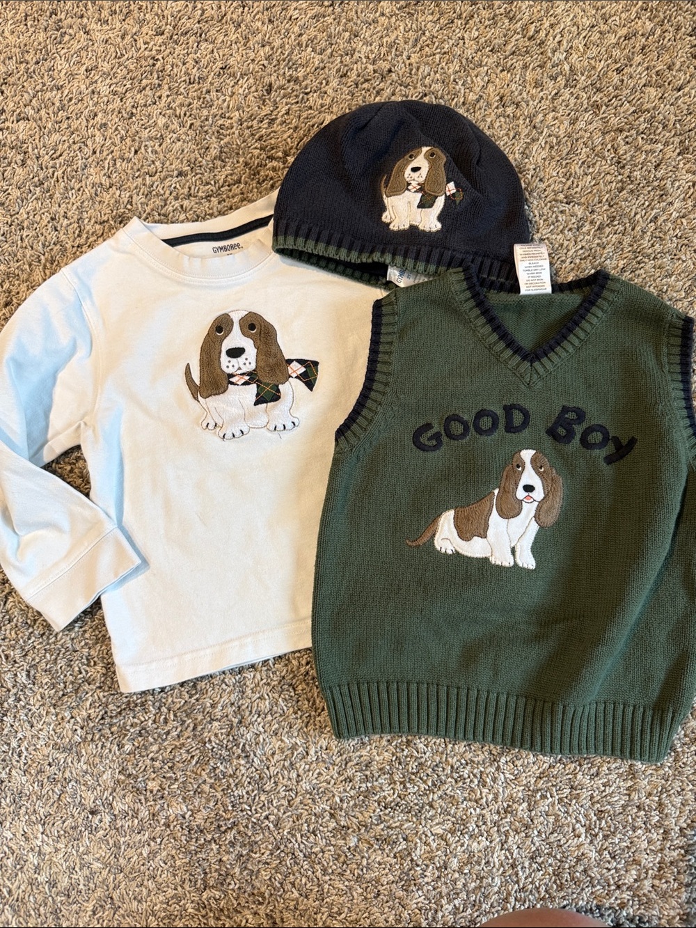 Gymboree Good Boy Basset Hound Sweater Vest, Tee & Beanie Set - Green & White